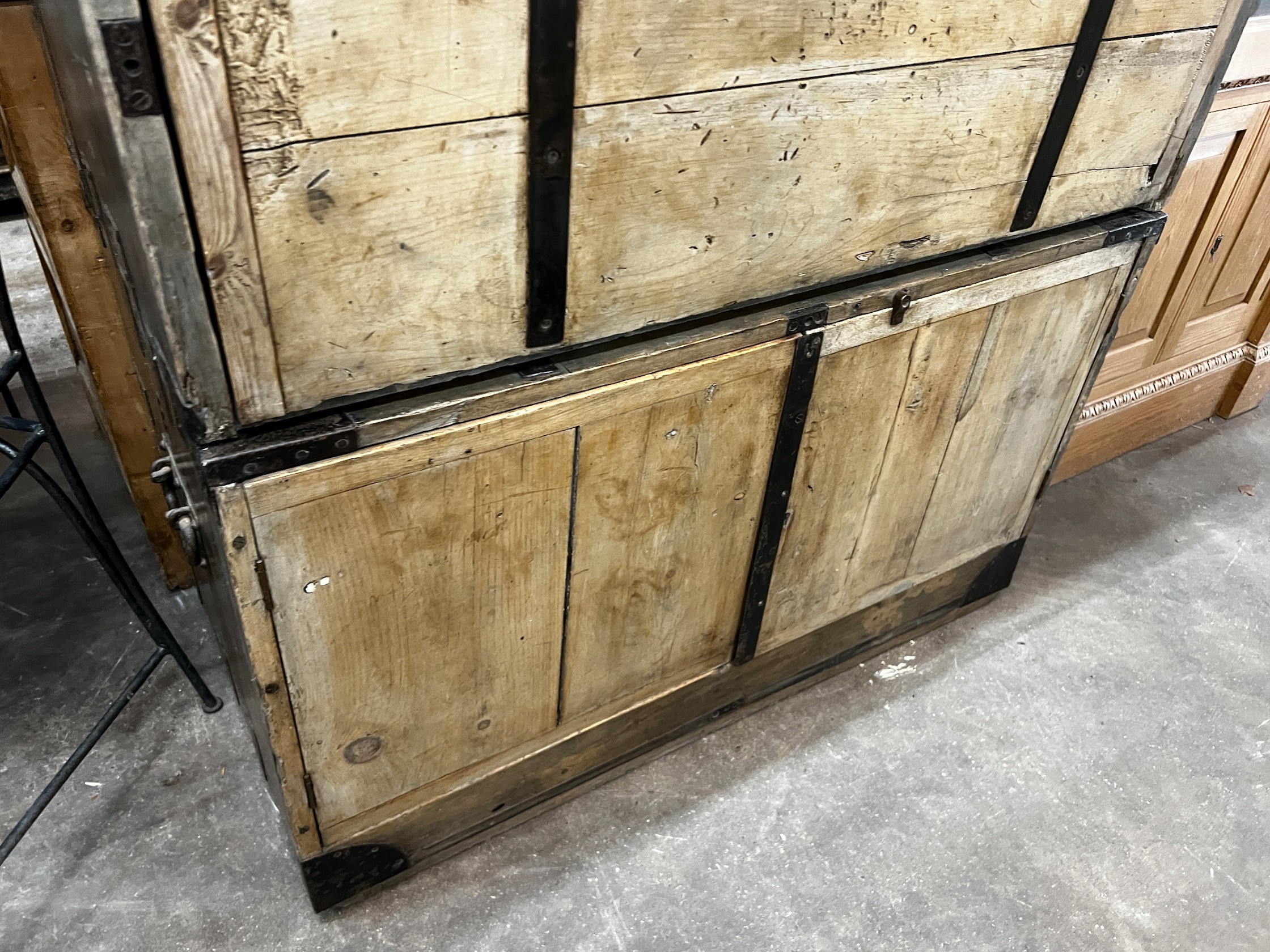 A 19th century iron bound pine two part campaign chest, width 106cm depth 54cm height 113cm